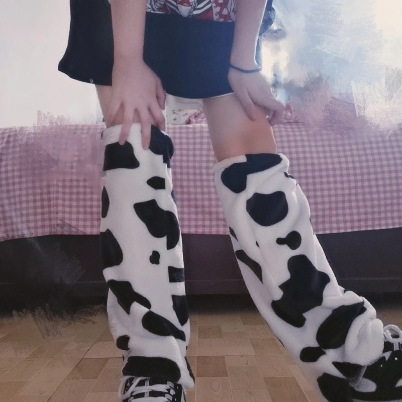 Japanese Women Girls Winter Plush Leg Warmers Harajuku Black White Cow Leopard Print Long Socks Gothic Foot