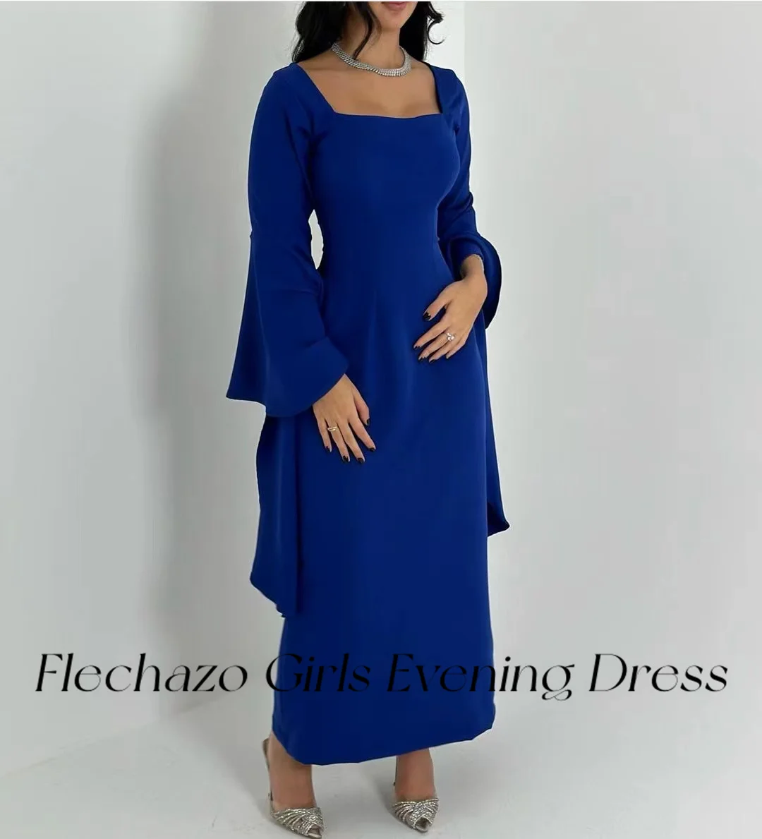 Flechazo Royal Blue Evening Dresses Square Neck Long Sleeves Ankle-Length Elgeant Party Dress For Women 2024 robes de soirée