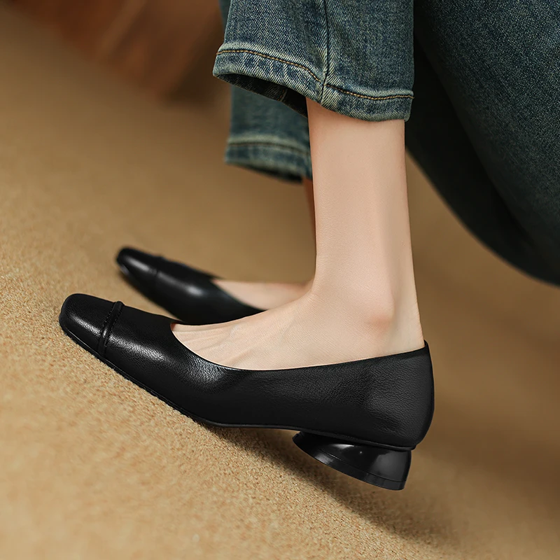 2026 new spring antumn women pumps natural leather 22-25.5 cm soft sheepskin square toe round heel loafers fashion women shoes