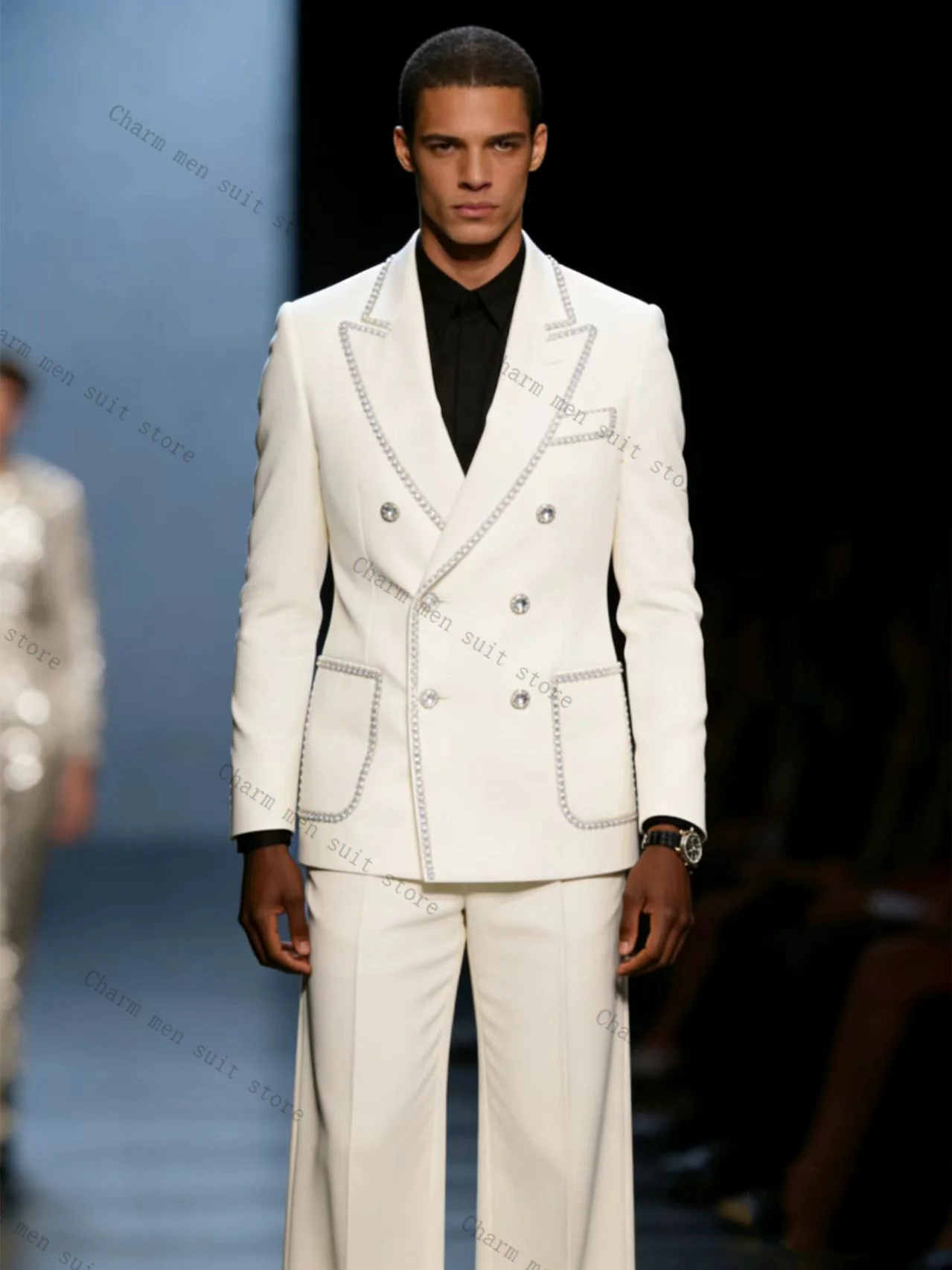 

Crystals Men Suits Set 2 Pcs White Blazer+Cotton Pants Trousers Luxury Wedding Tuxedo Formal Office Business Groom Jacket Coat