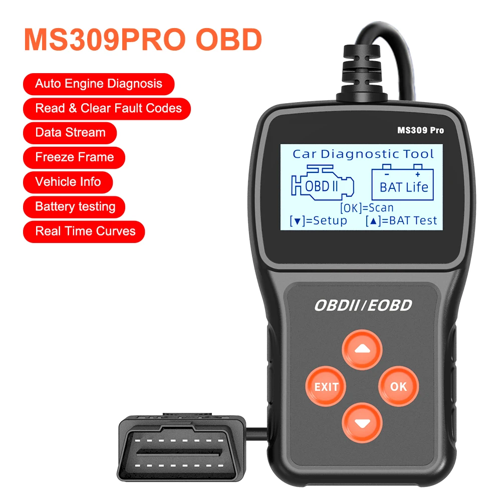 

Car Diagnostic Tool OBD2 Scanner Check Engine System Multi-language Live Data Code Reader Battery Tester MS309PRO