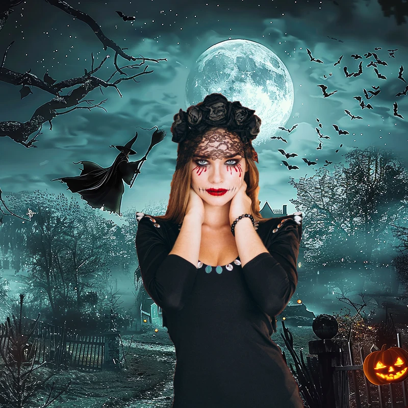 Beenle Halloween Backdrop for Horror Night Moon Scary Cemetery Witch Castle Pumpkin Family Party Portrait Photography Background