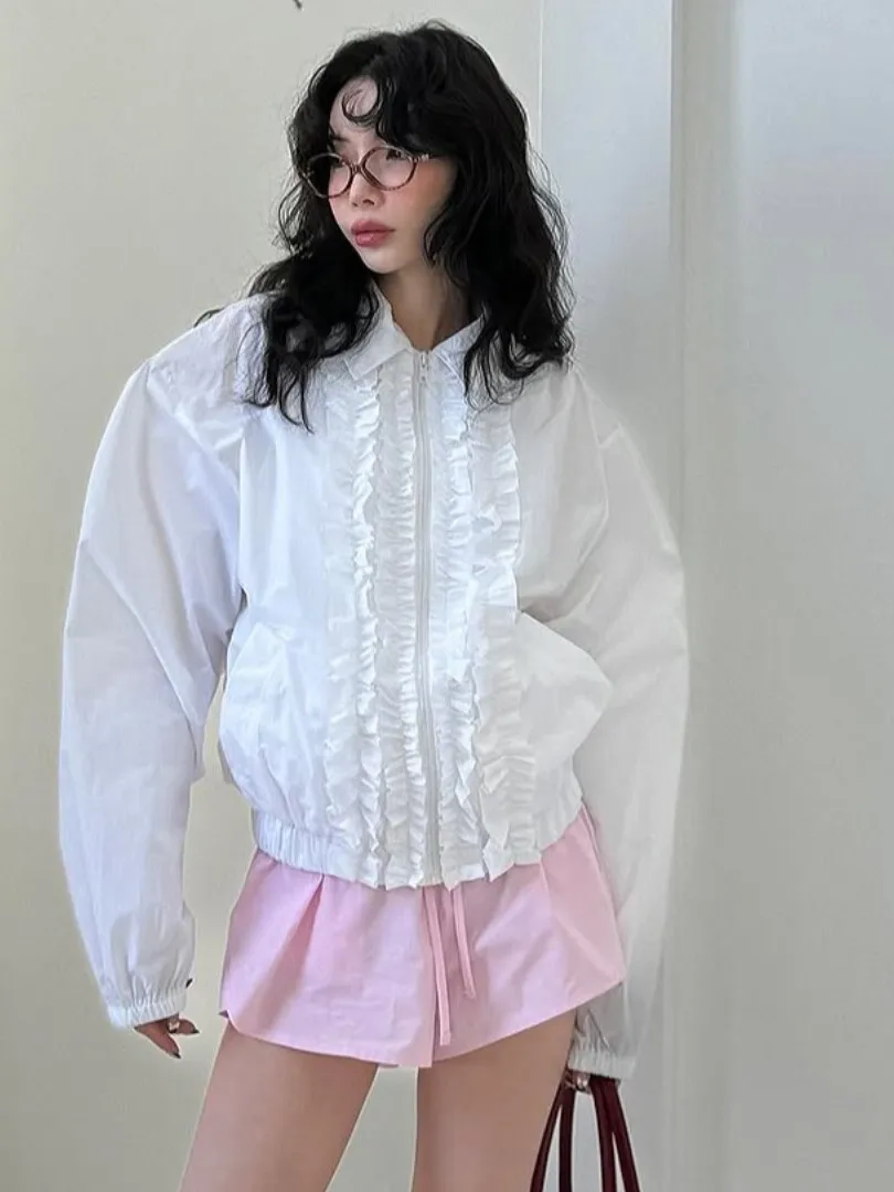 Early Spring Women's irt Jaet Loose Fit Vintage Turn-down Collar Zipper Design Versatile Open Cardigan Top