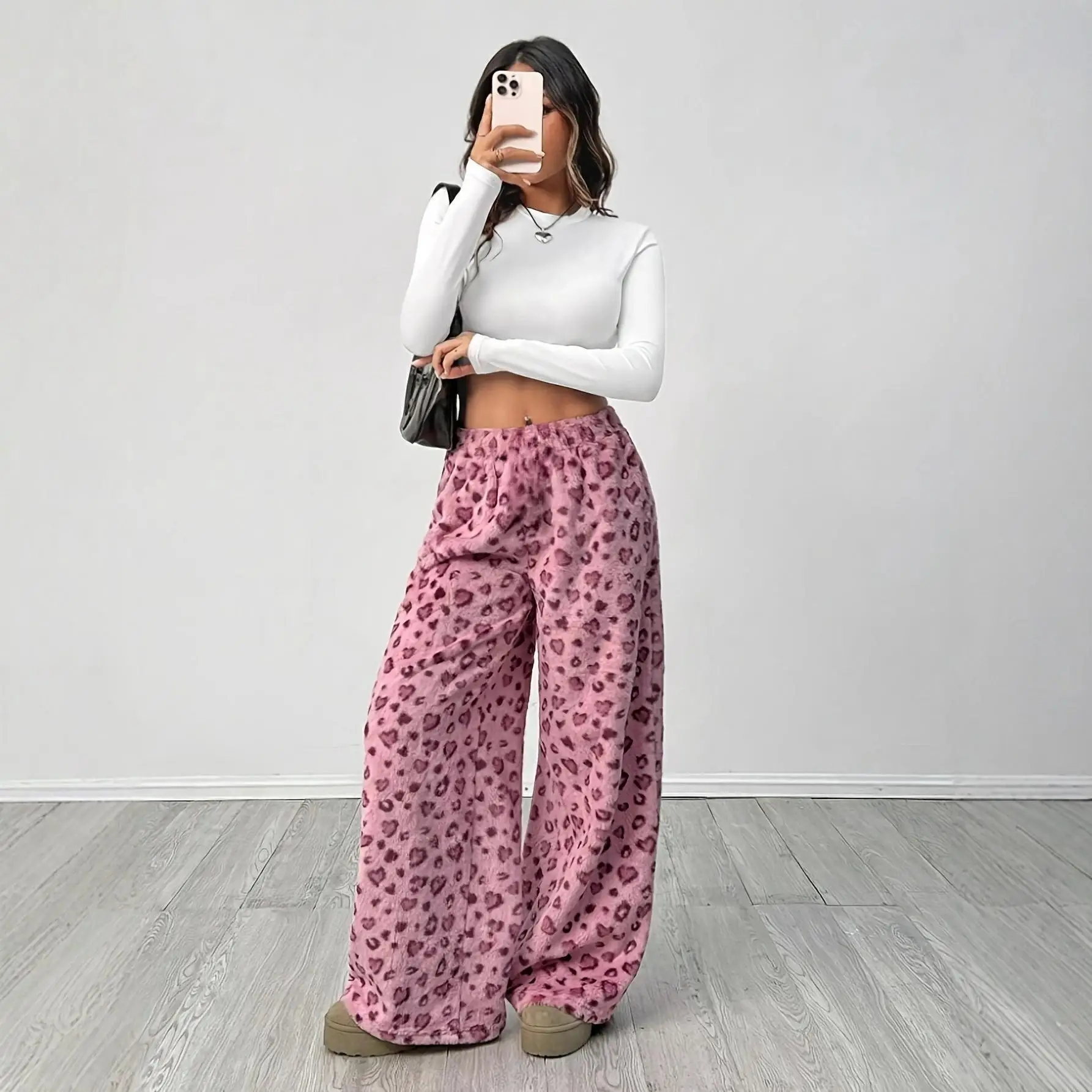 秋と冬の新しいカジュアルパンツ、女性のニッチファッション、ヒョウ柄、ドローストリング、伸縮性のある豪華なストレートレッグワイドレッグパンツ