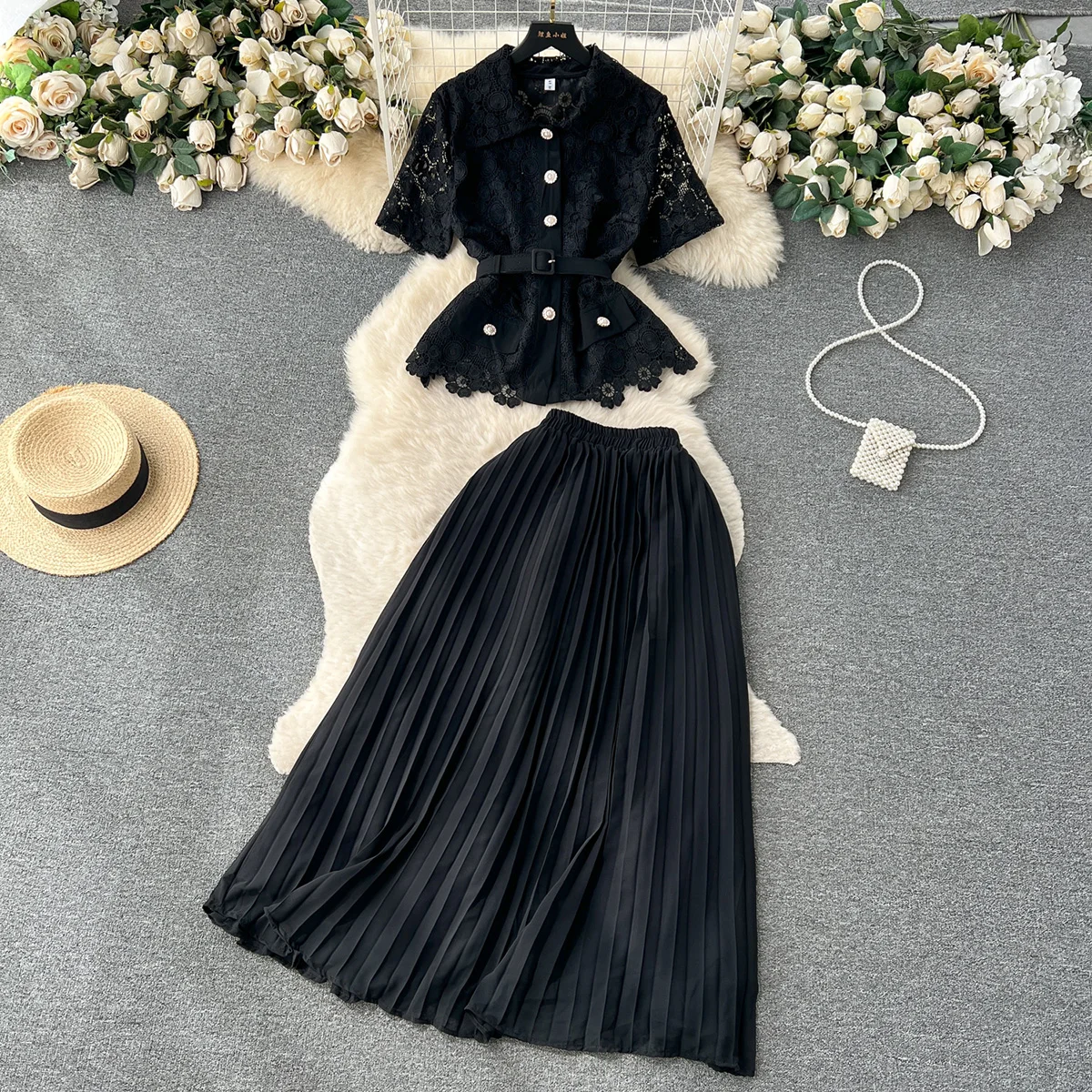 Croysier Vintage Elegant Office Matching Sets Short Sleeve Belted Openwork Lace Shirt And Long Pleated Skirt Sets Womens 2 Piece