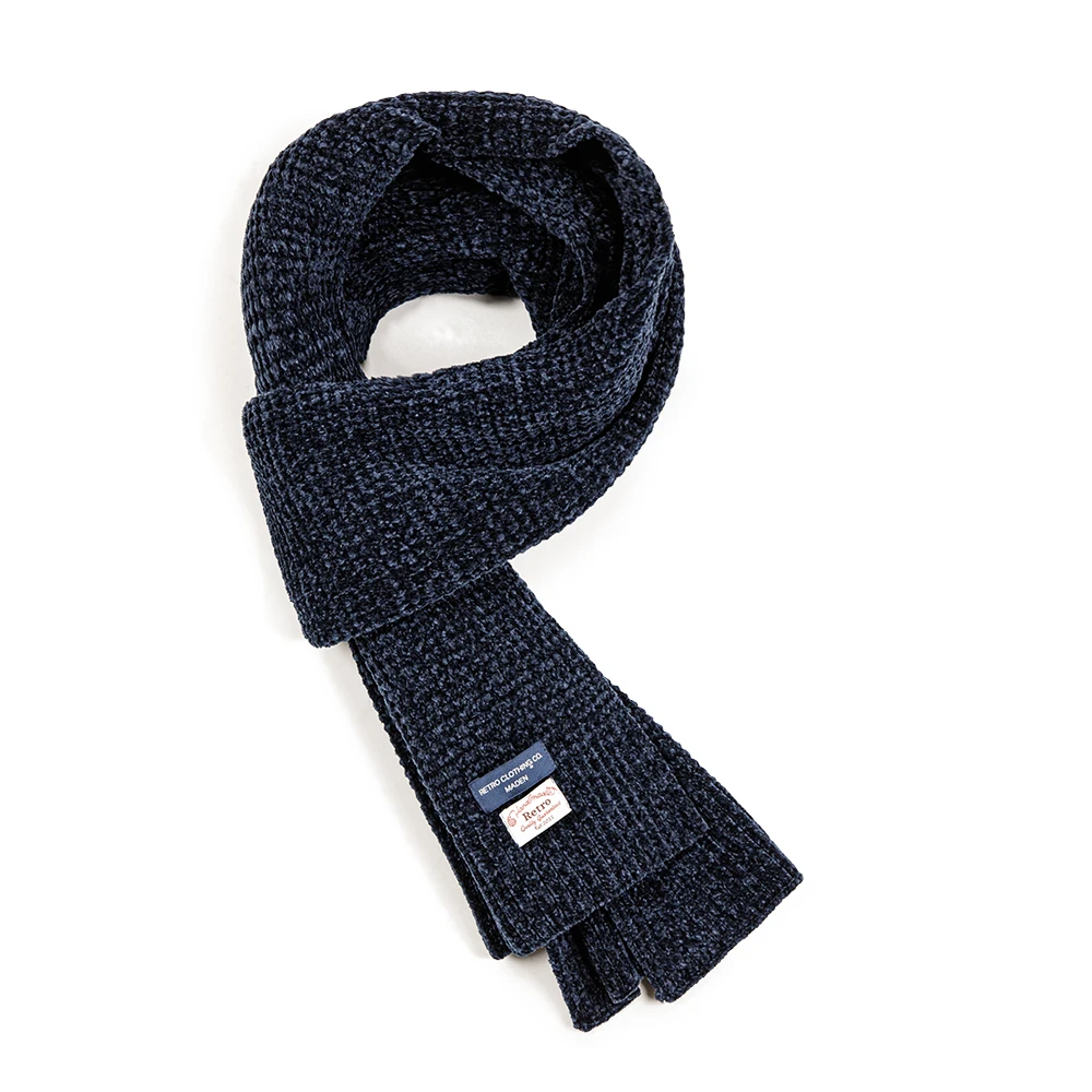 Maden Vintage Chenille Scarf Men\'s Fashion Gray Waffle Neck Warmer  Solid Color Warm Winter Scarves Luxury Brand Navy Blue