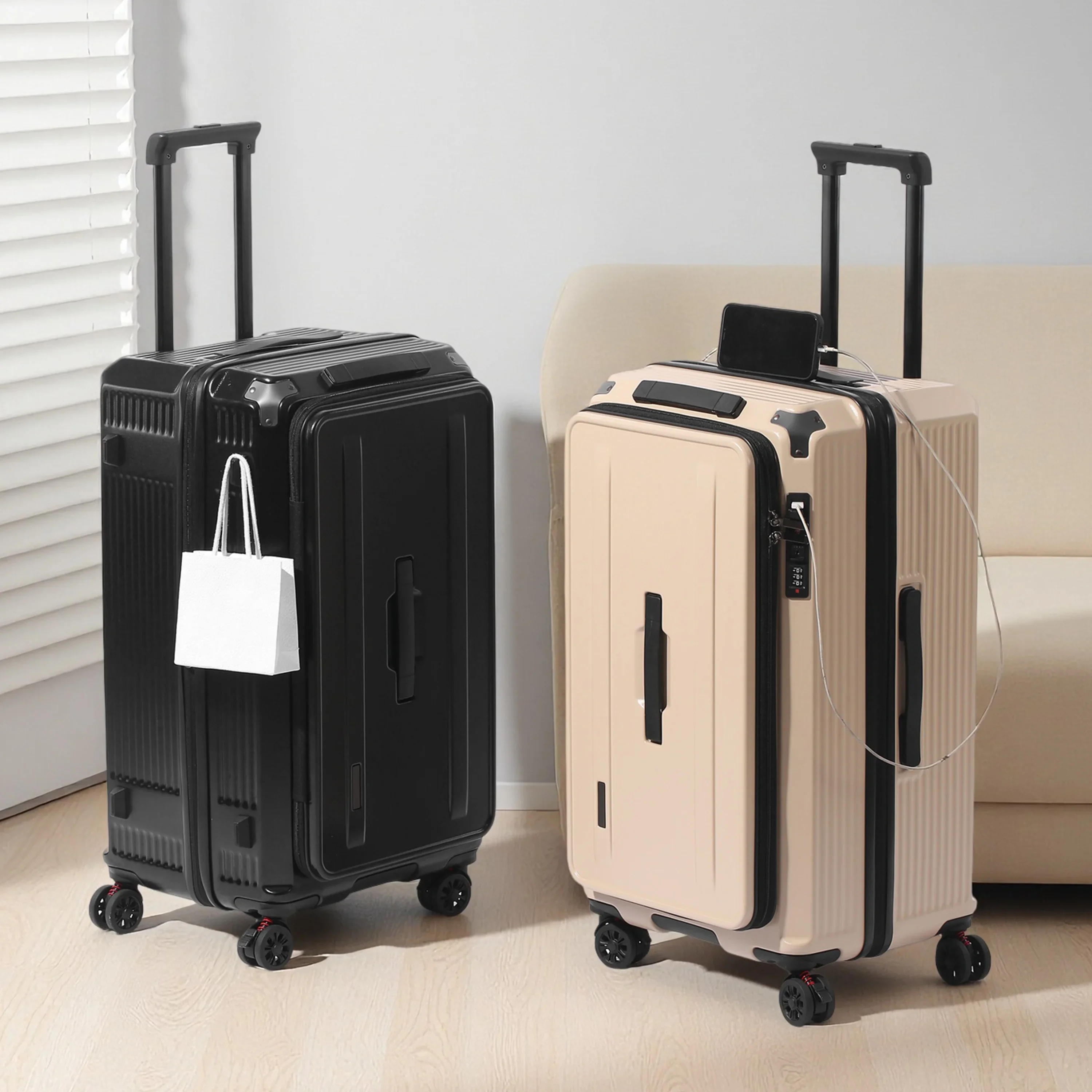 

Multi-Functional PC Luggage Expandable Suitcase TSA Lock USB Type-C Port Shockproof Brake Wheel Front Open Carry On Trolley Case
