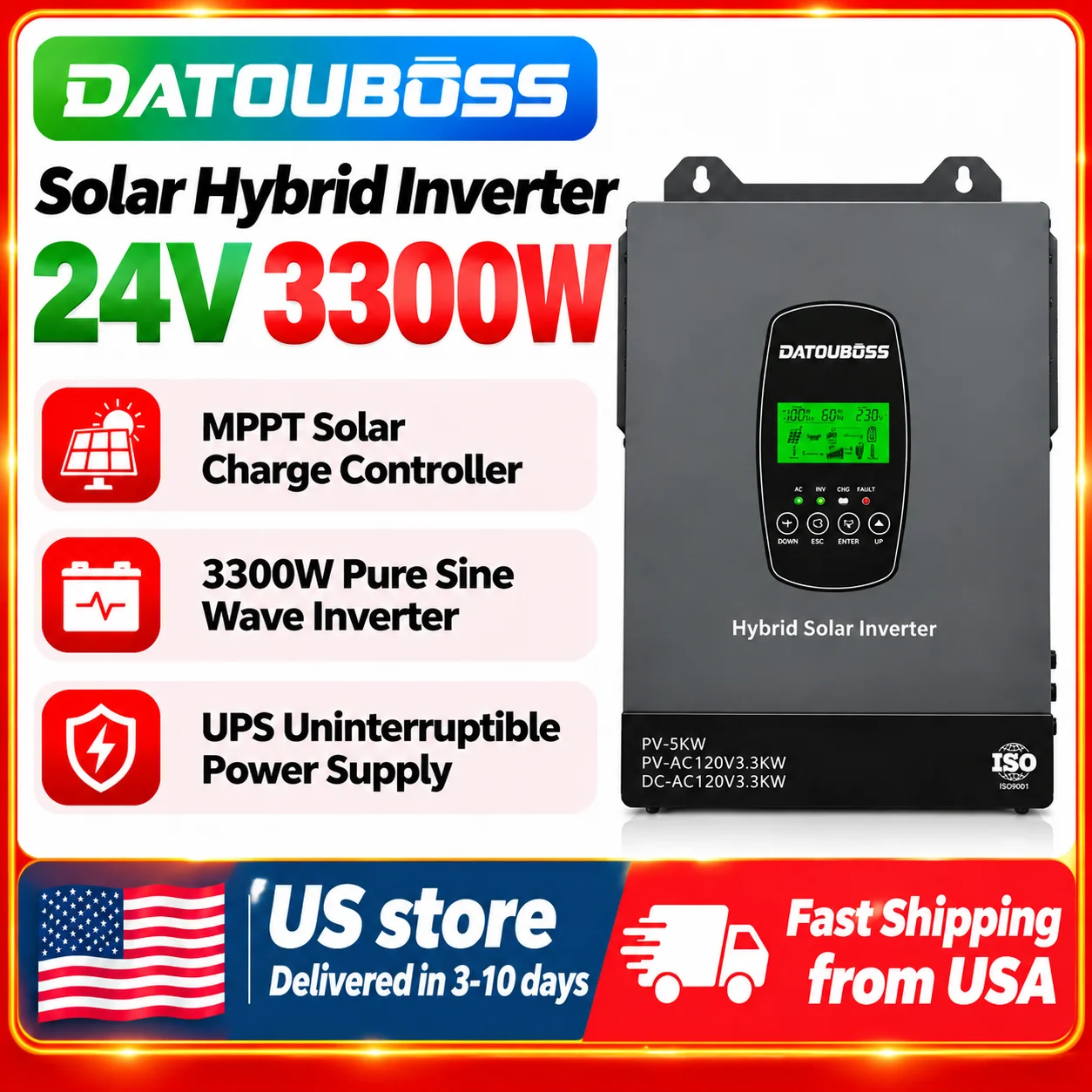 DATOUBOSS 24V 3300W Hybrid Solar Inverter 24V DC to 120V AC LCD Display, 140A MPPT Charge Controller Pure Sine Wave Off Grid Support Lithium Lead Acid Battery, for Home Solar System US store
