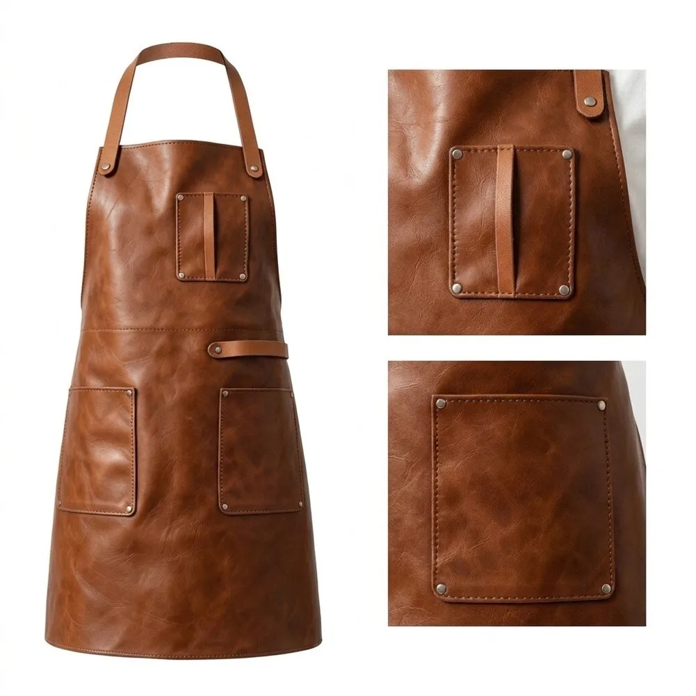 PU leather BBQ apron 86x65cm waterproof and stain resistant 3 pockets brown coffee black for kitchen and grilling purposes