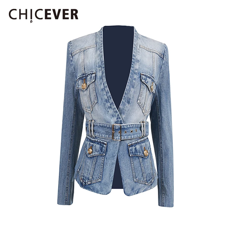 CHICEVER синяя куртка с поясом, женская куртка с v-образным вырезом и длинным рукавом для похудения, офисные женские куртки, осенняя мода, новый стиль