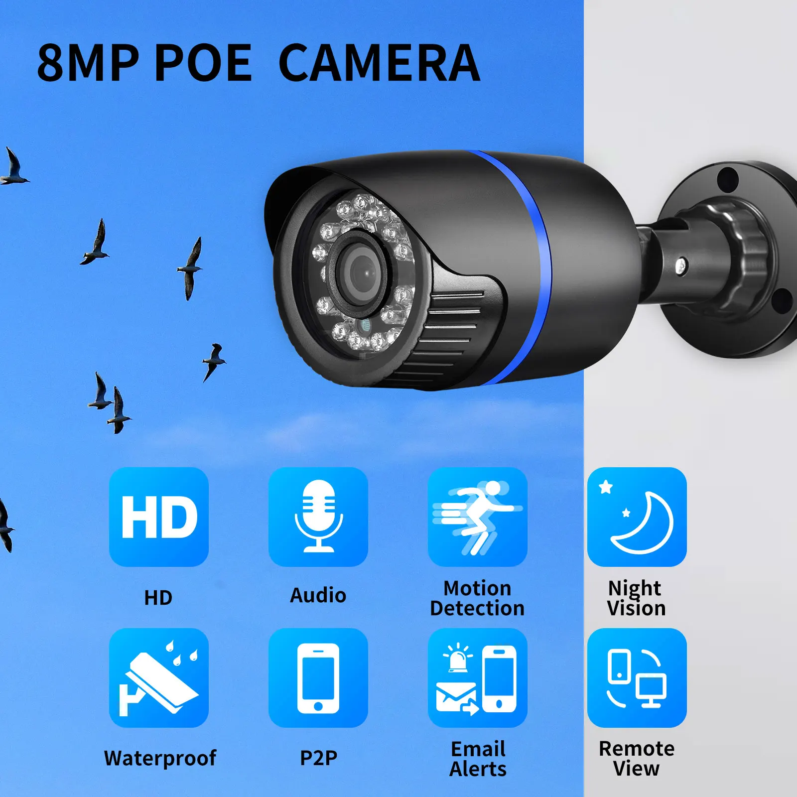 Наружная IP-камера XMEye 8MP Ultra HD 4K 5MP 4MP POE Водонепроницаемая камера видеонаблюдения H.265 цилиндрическая камера видеонаблюдения с датчиком движения