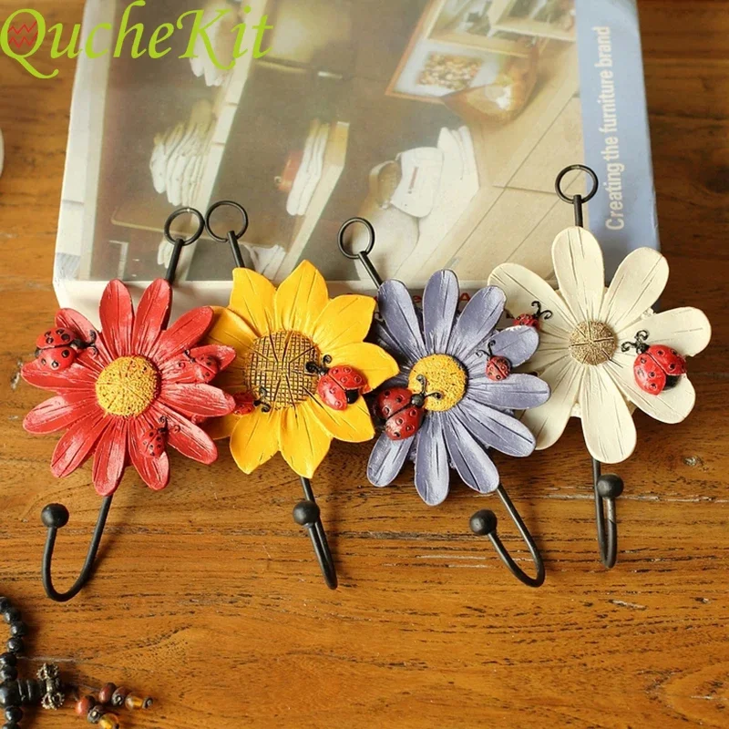 2pcs Creative Flower Shape Wall Hook Hanging Resin Ladybug Wall Decor Hook Hanger Cap Room Decor Show Wall Bag Keys Sticky Holde