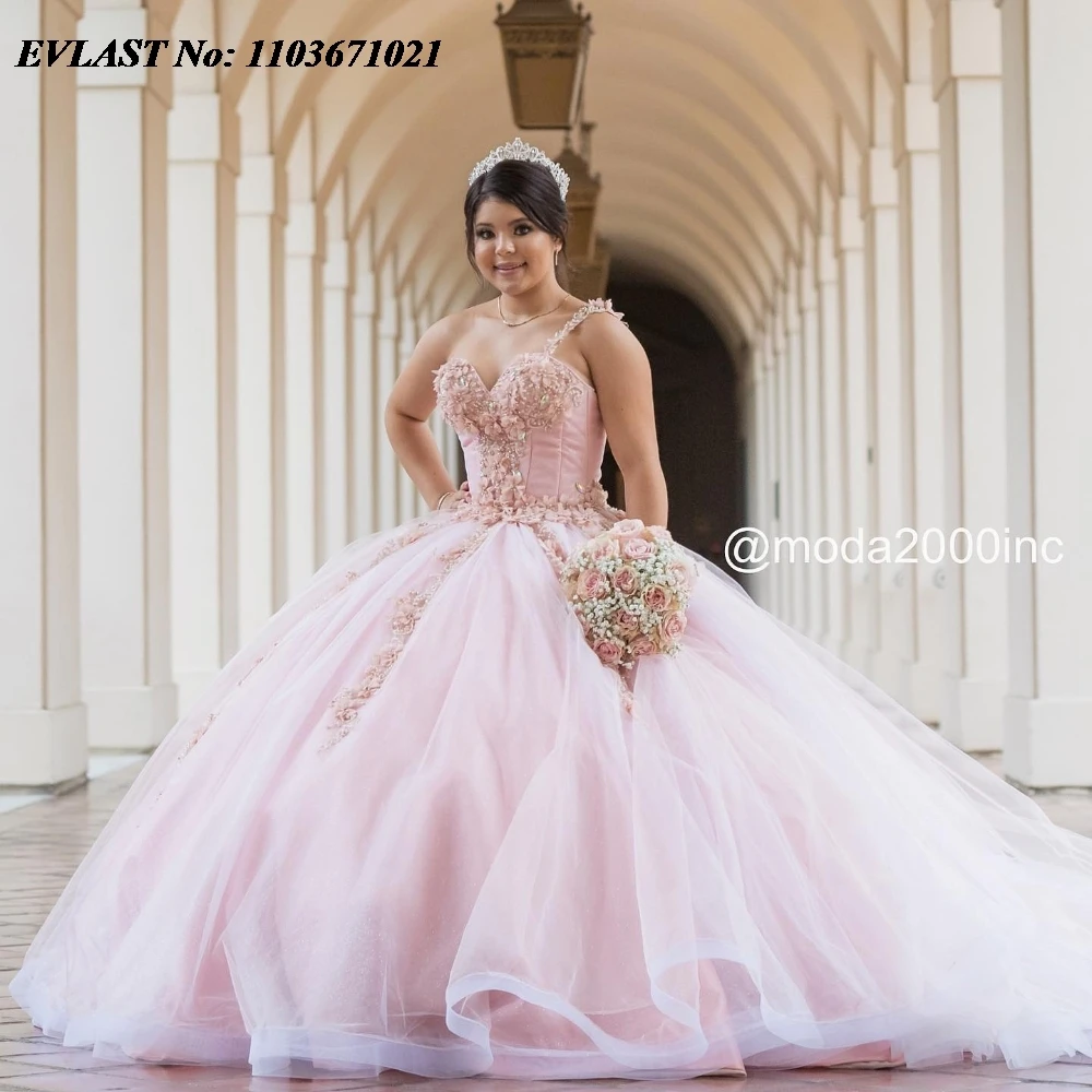 EVLAST-Robe de RhQuinceanera rose personnalisée avec appliques en dentelle perlée, corset mexicain, Sweet 16, robe éducative, 15 Anos, SQ595