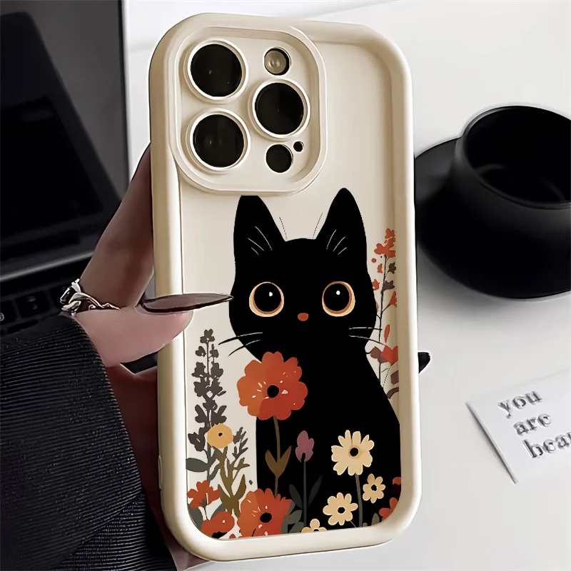

Cute Flower Black Cat Phone Case For iPhone 16 Pro Max Case for iPhone 11 12 13 14 15 Pro Max 16e XR 7 8 Plus SE Soft Back Cover