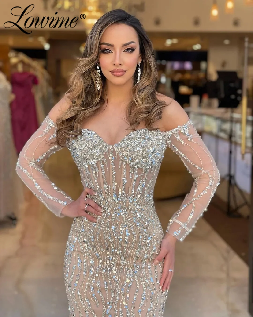 Champagne Long Sleeve Off The Shoulder Evening Dress 2023 Customize Shiny Sequins Crystal Mermaid Party Dress With Corset Waist