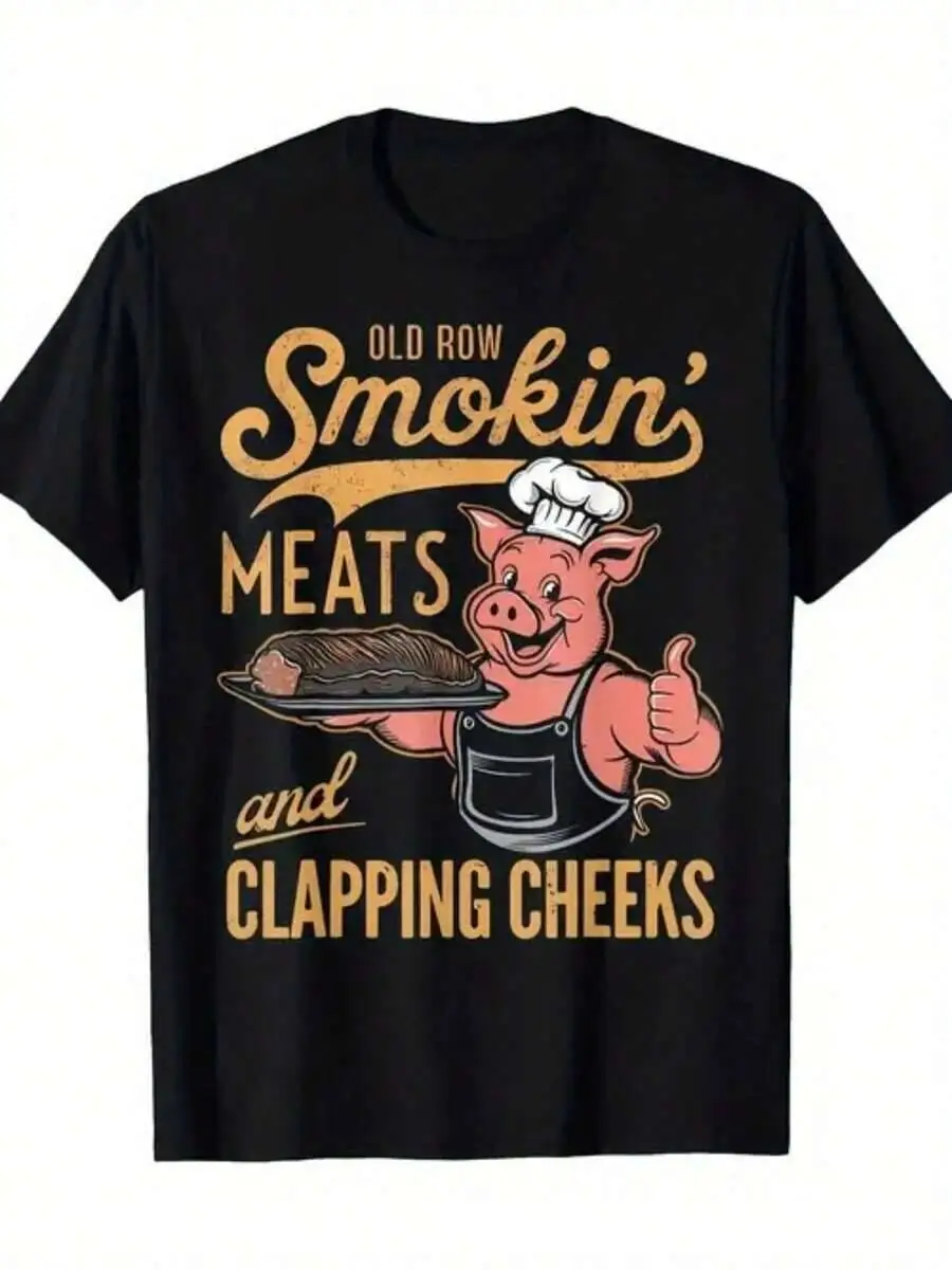 Plus Size Men's,Old Rows Smokin' Meats And Clapping Cheeks Funny Pig Chef ,(1 Pcs )100% Printed T-Shirt,Crew Neck 100% Cotton