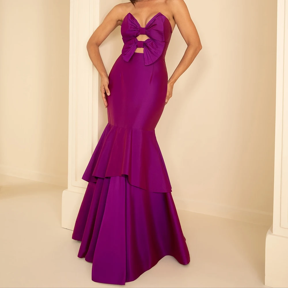 

Customized A-line Evening Dresses Floor-length Strapless Sleeveless Prom Gown Fashion Bow Simple Draped Backless Party Gown