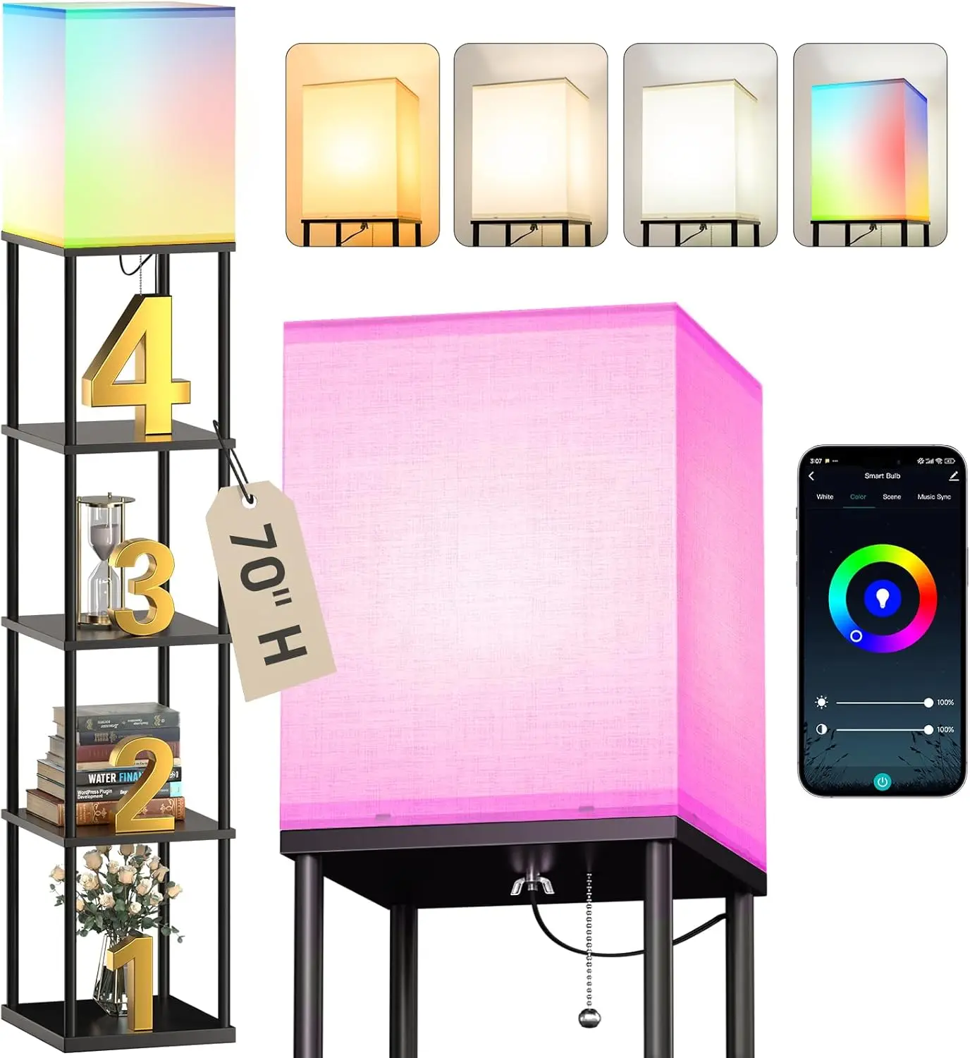 

Современный 5-ярусный торшер с полками, умная RGB-лампа, управление через приложение для гостиной и спальни (178 см, черный)