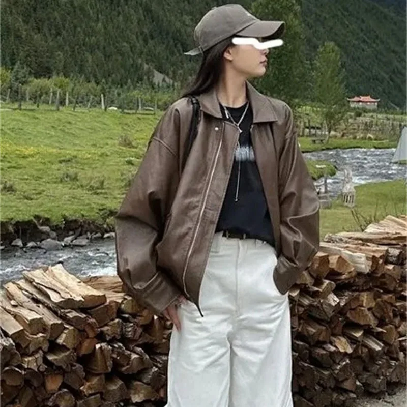 

2025 женская высококачественная куртка из искусственной кожи с локомотивом, осеннее женское кожаное пальто с длинными рукавами, женские модные топы из искусственной кожи в стиле ретро