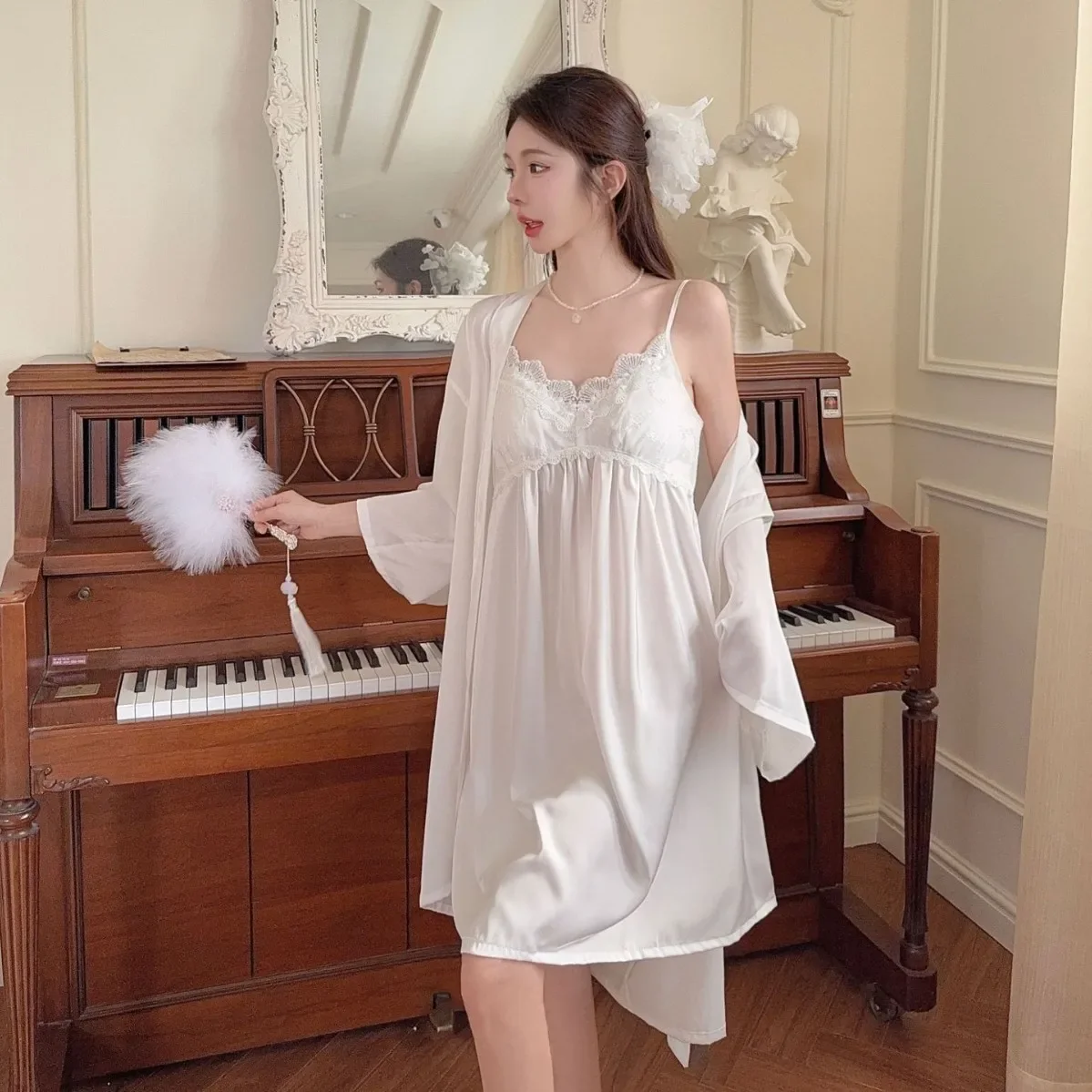 

Sexy Women Twinset Robe Set Nightgown Lace Chemise Nightdress V-Neck Sleepwear Loungewear Summer Bathrobe Gown Suit Homewear