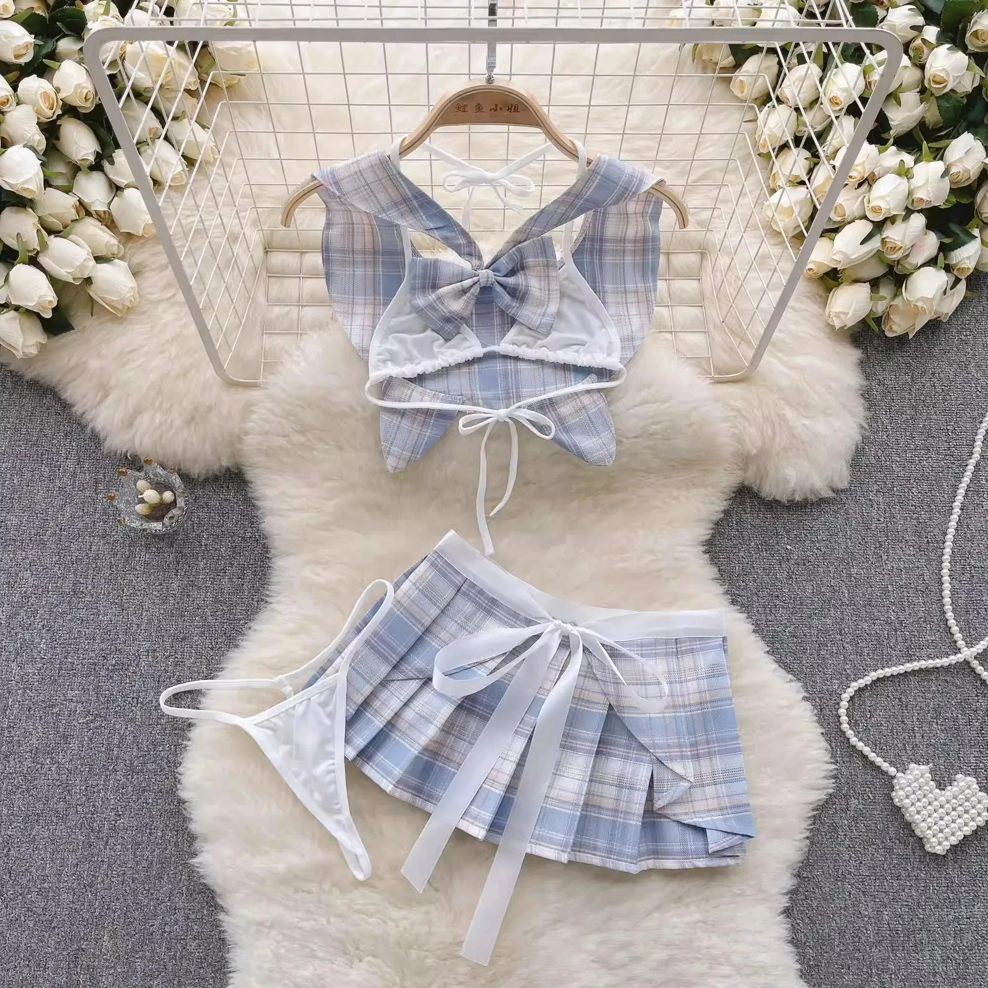 New Women JK Uniform Plaid Pleated Top+Skirt Suits Fashion Sleepwear Cosplay Costume Erotic Hotsweet Outfit 4 Piece Pajamas Set