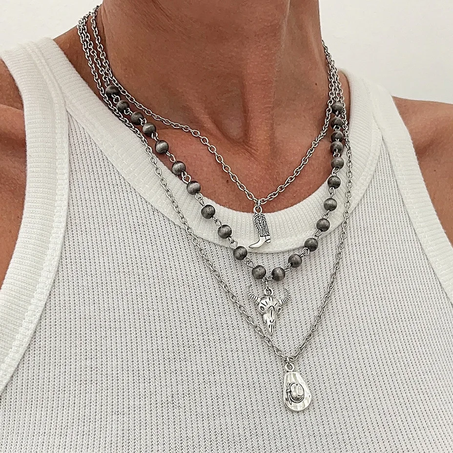 

3Pcs/Set Vintage Unique Boots Cowboy hat Pendant Necklace Women's Trend CCB Beaded Chain Steampunk Jewelry Accessories