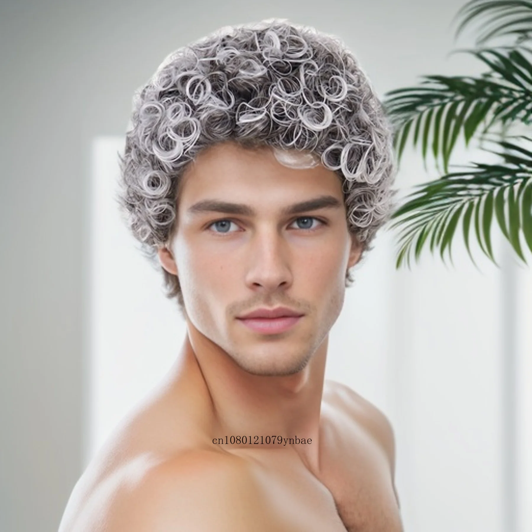 Men's Fashion Grey Synthetic Wigs Short Afro Kinky Curly Wig for Male Guys Heat Resistant Fiber Daily Fancy Dress Party Costume