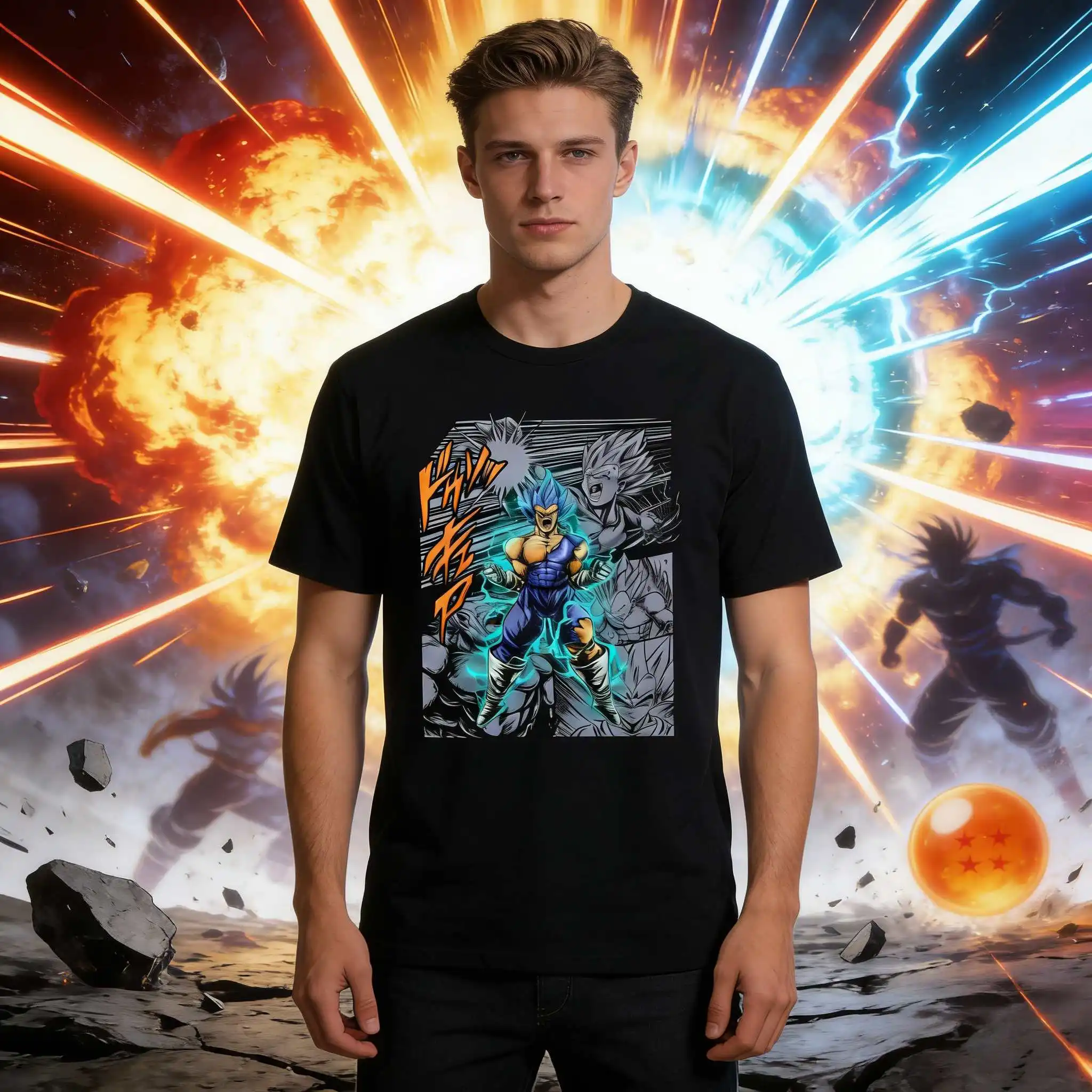 2026 Sommer Dragon Ball Super Saiyan Blue Vegito Comic-Stil Vintage Anime T-Shirt Herren Reine Baumwolle Lässiges Lockeres Sport-Alltags-Oberteil