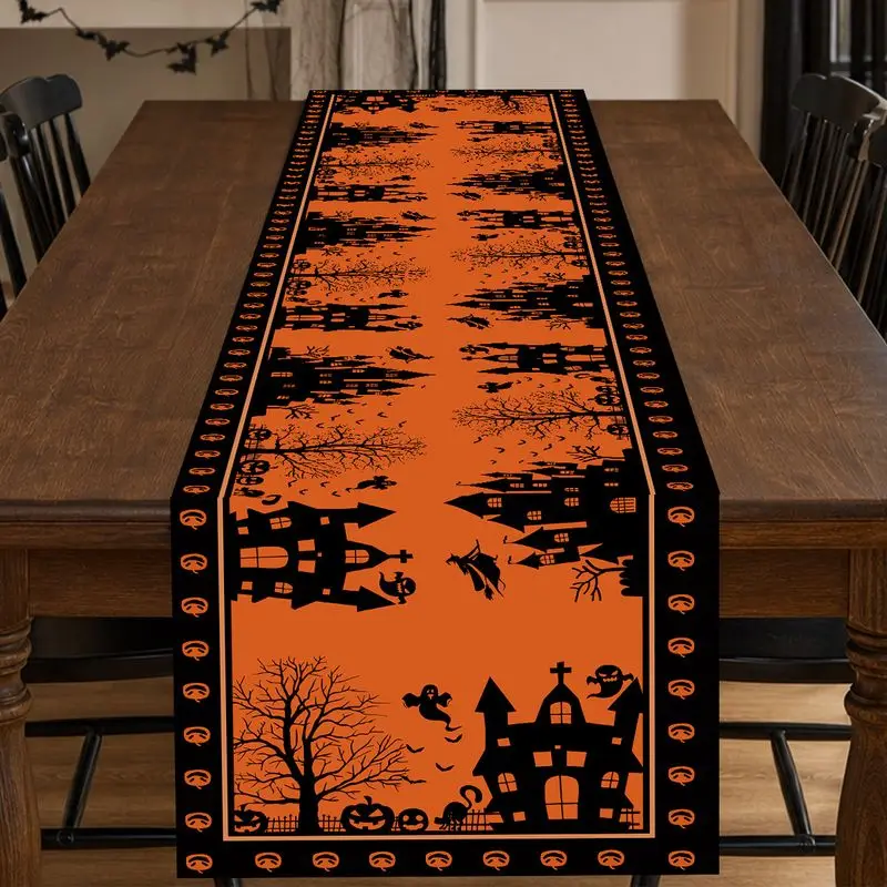 VIKAMA Halloween Haunted Castle Witch Bat Table Runner Spooky Indoor Dining Table Family Holiday Dinner Tabletop Decor