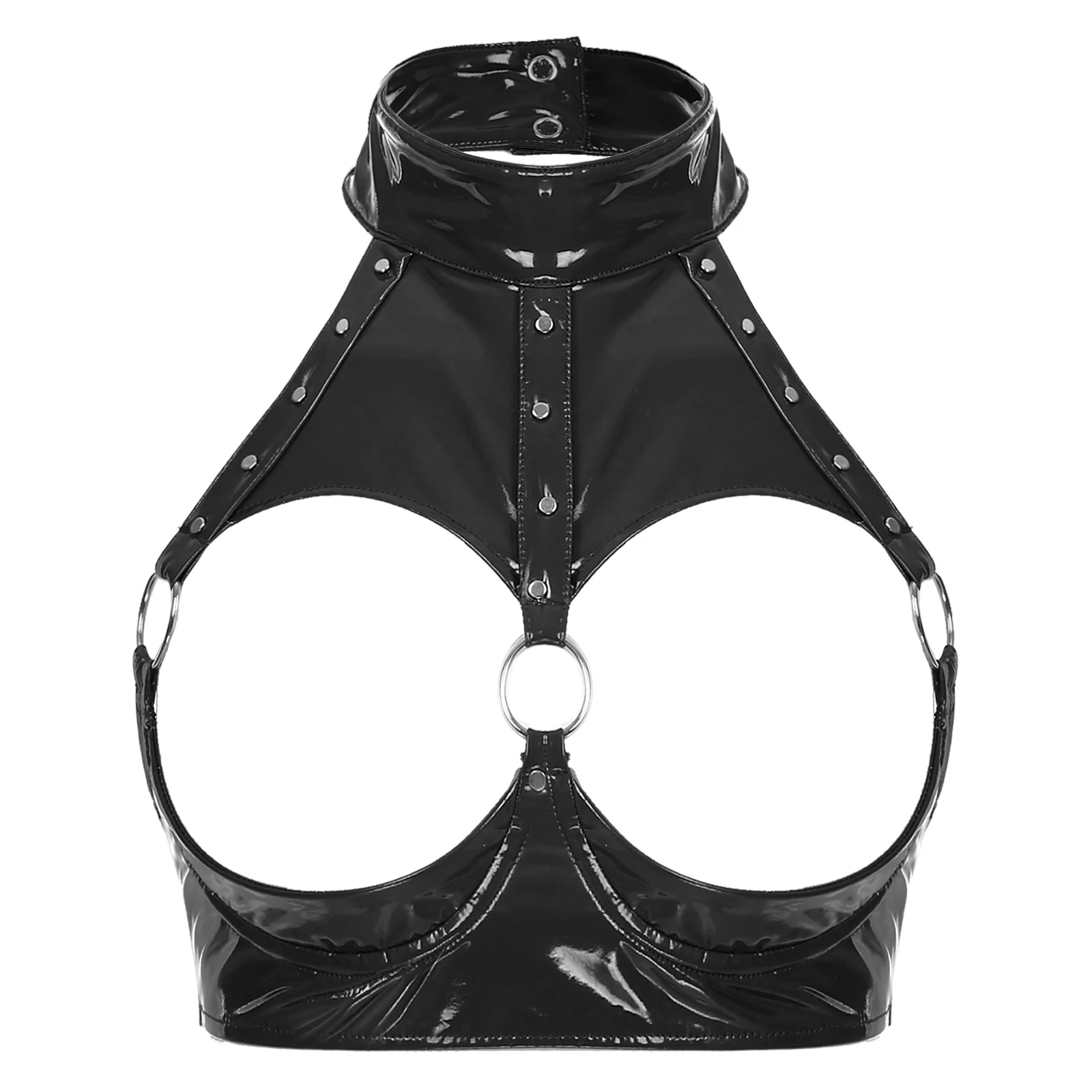 Sexy Womens Patent Leather Brassiere Underwear Lingerie Rivet O Ring Halter Open Breast Bra Open Cup Underwired Bra Crop Top