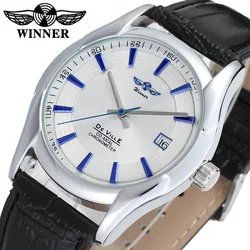 Fashion Winner Top Brand Circular Bar Nail Scale Black Genuine Leather Men's Automatic Mechanical Calendar Business Writs Watch