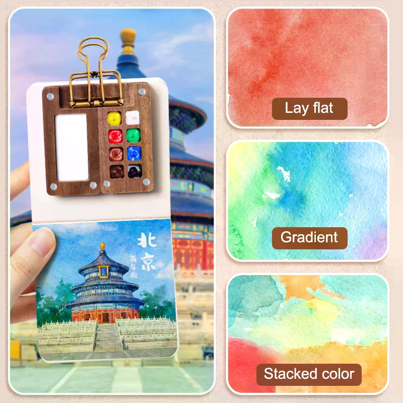 لوحة ألوان مائية صغيرة من خشب الجوز صندوق طلاء محمول مع مشبك لوحة رسم للسفر لوازم فنية لوحة كراسة الرسم #4