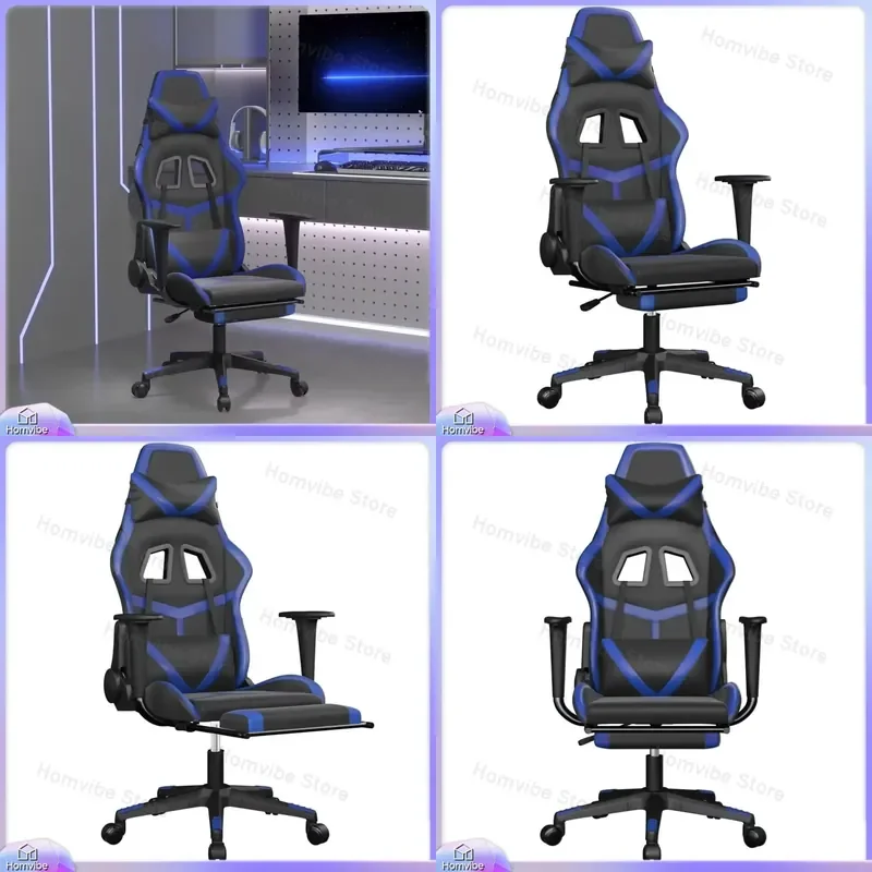 Gaming Chair with PU Leather Blue Ergonomic Office Chair Adjustable Height 360 Degree Swivel Racing Style Computer Chair for