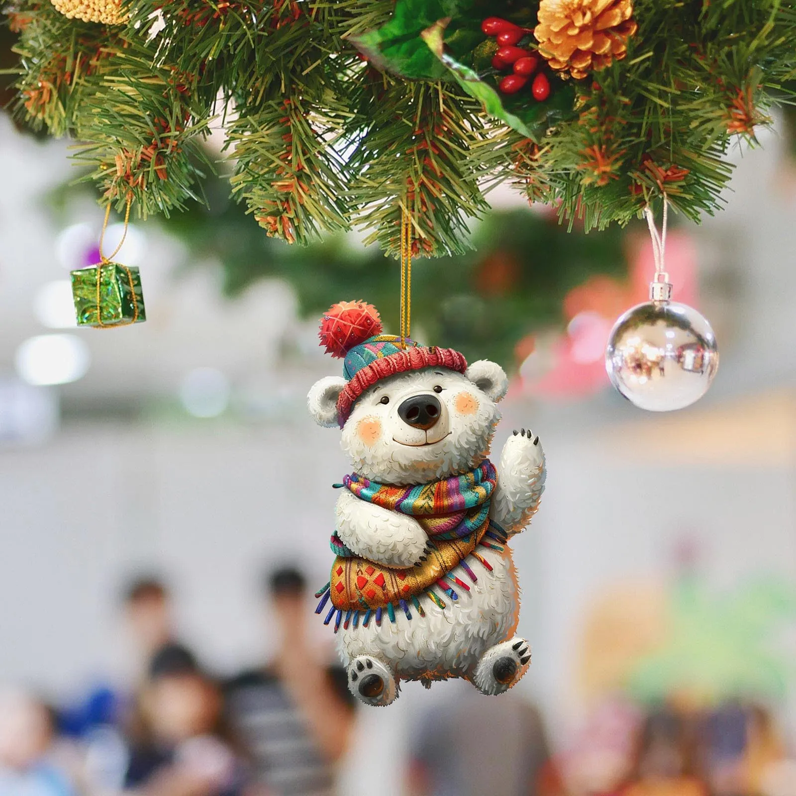 1pc Christmas Decoration 2024 Pendant 2D Acrylic Cartoon Christmas Polar Bear Home Garden Christmas Tree Pendant Party Decor