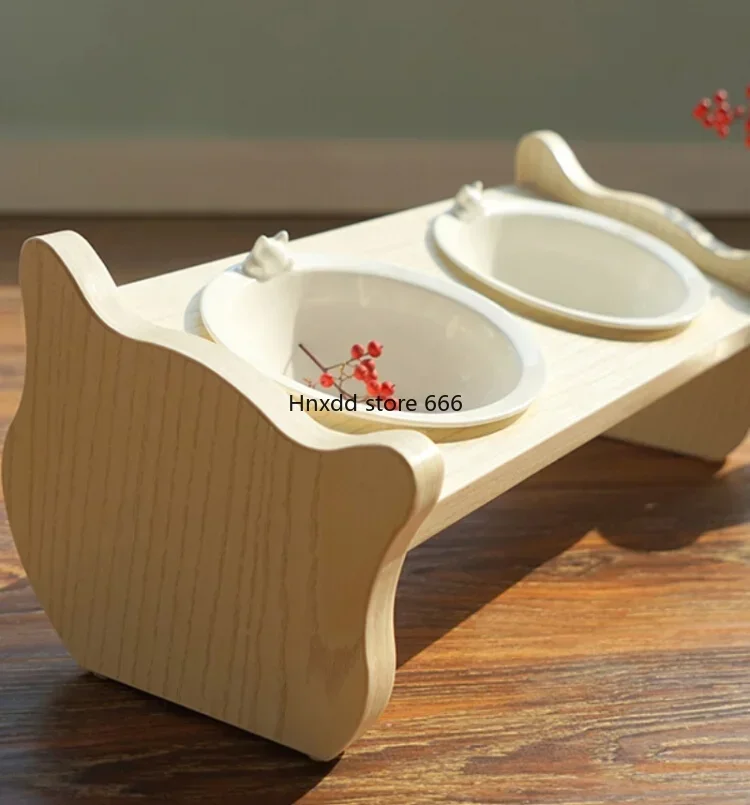 Beveled wooden cat dining table, bowl rack, food basin, colorful porcelain bowl