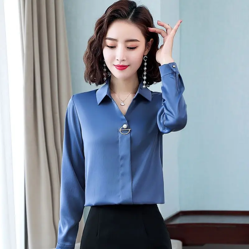 Temperament Long Sleeve Loose Blouse Spring Autumn New Solid Color Polo Neck Office Shirt Tops Elegant Fashion Women Clothing