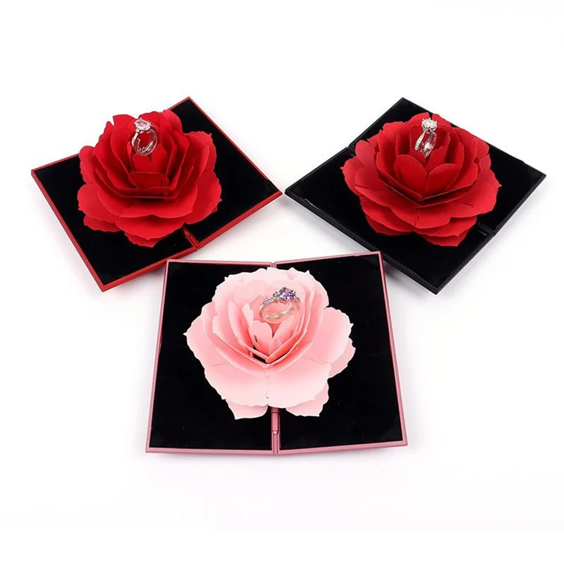 1PC Heart Shape Rose Flower Ring Box Storage Box Specially Designed 3D Ring Display Holder Ring Case Jewelry Packaging Box