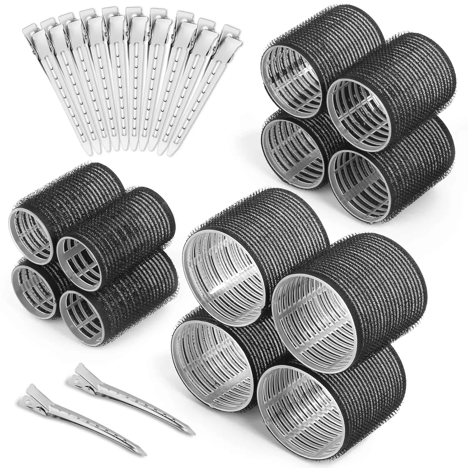 

Self-Grip Hair Rollers Set - 24 Pieces with 3 Sizes and Clips for All Hair Types, Easy Styling