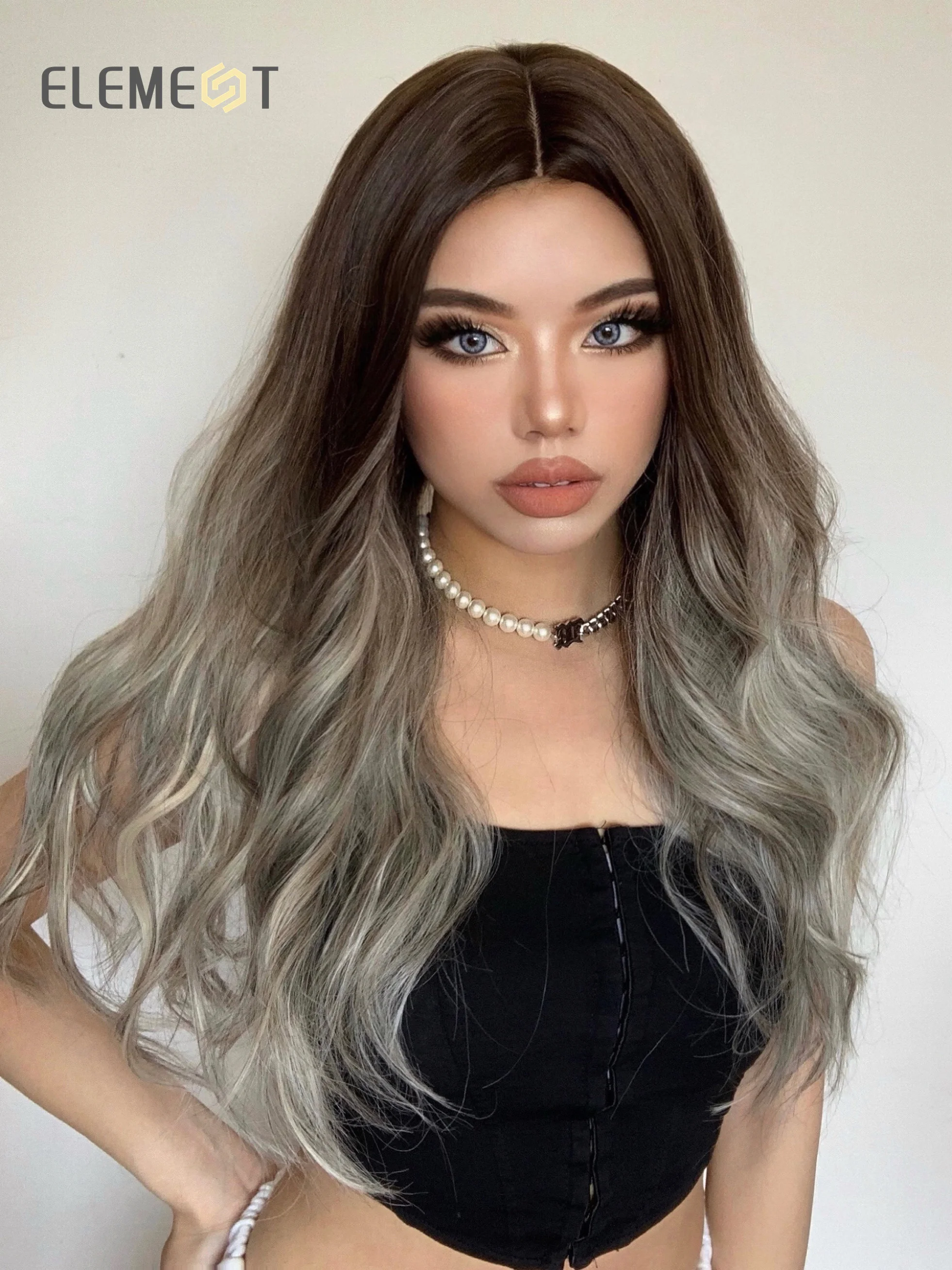 ELEMENT Synthetic Wigs For Women Ombre Brown to Silver Grey Dark Roots Long Wavy Party Daily Use Heat Resistant Fiber Fashion