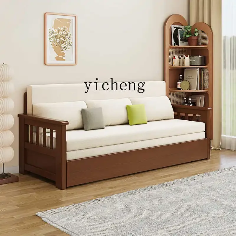 O3-solid wood sofa bed push-pull foldable sitting and sleeping dual-purpose bed multi-functional living room storage double sofa