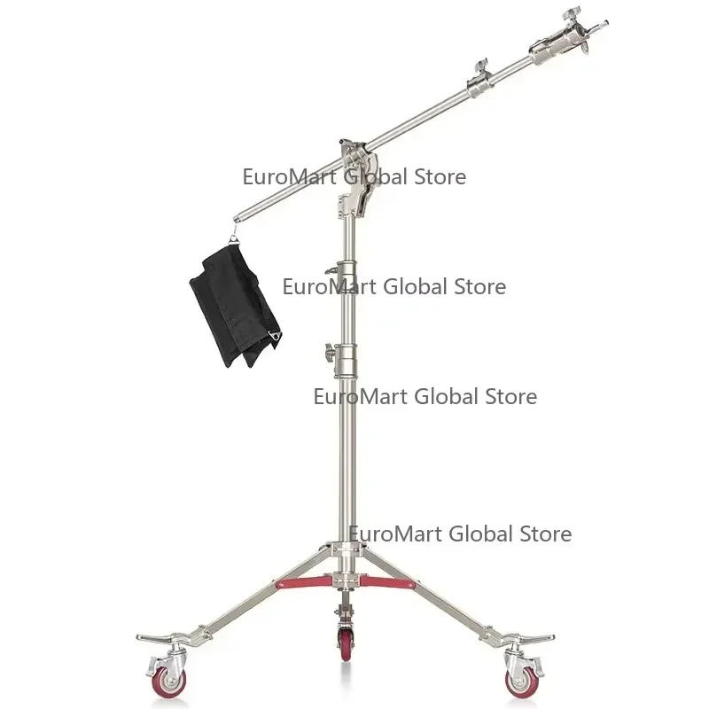 Support d'éclairage professionnel en acier inoxydable robuste de 4,4 m à double usage avec bras articulé, pied en C et roues,