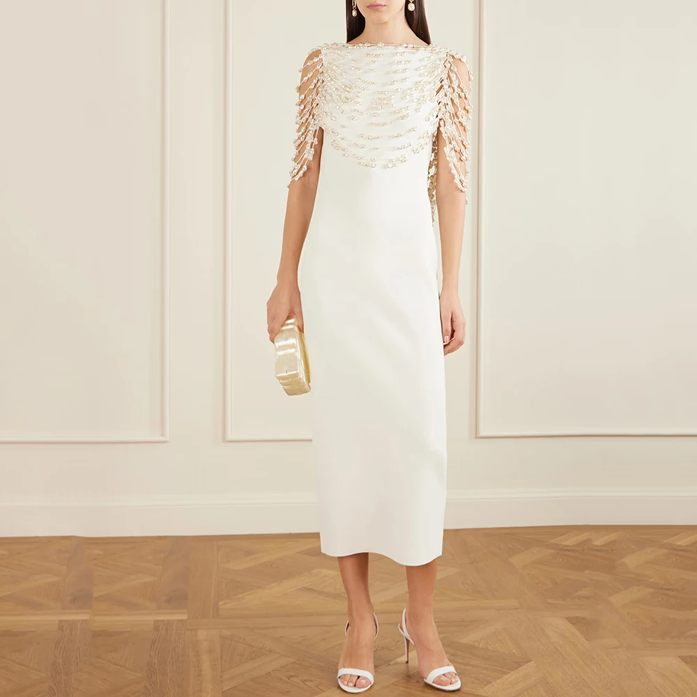 

Women's Straight Evening Dresses Tea-length Boat Neck Sleeveless Prom Gown Fashion Exquisite Beading Backless Customized Gowns