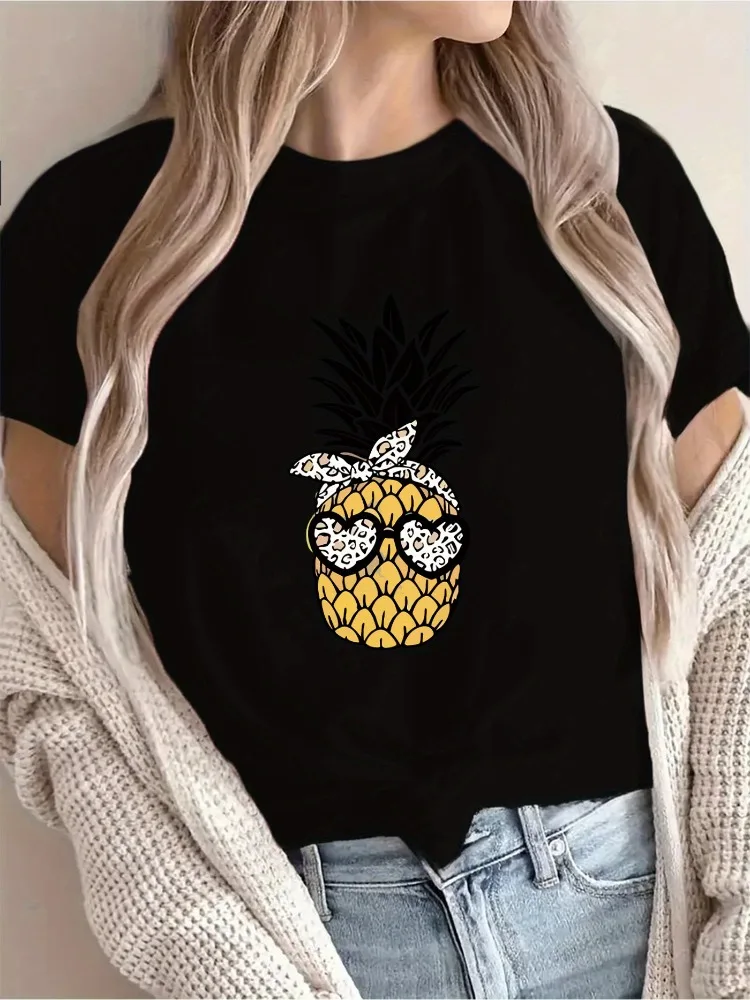 Recomendação de chegada nova: camiseta com estampa de abacaxi tropical para mulheres casual férias manga curta gola redonda camisa versátil