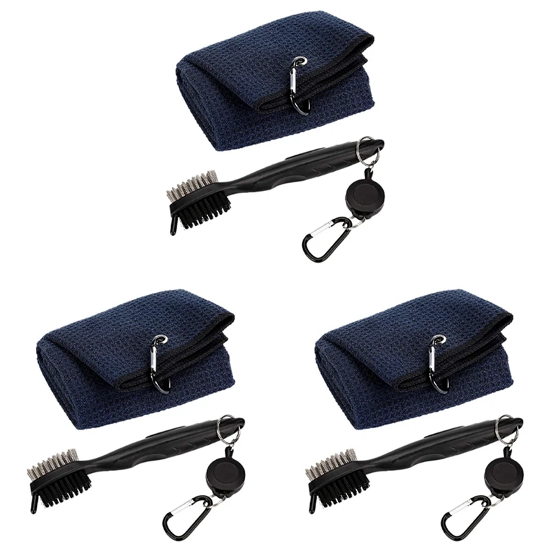 3X Pure Cotton Golf Towel Brush Tool Kit With Club Groove Cleaner Retractable Extension Cord And Clip(Black)