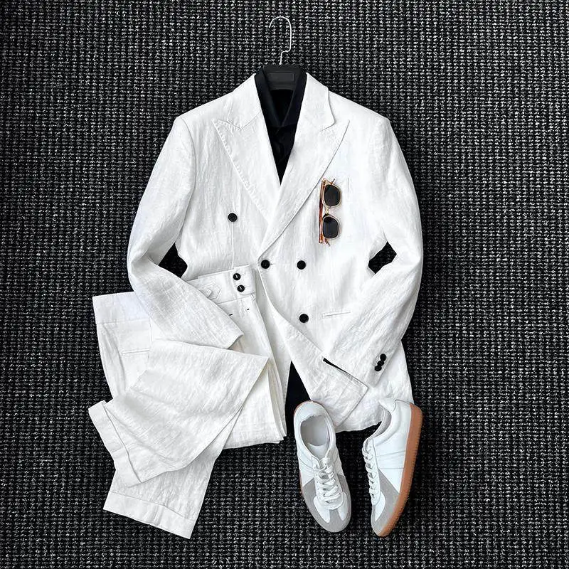 

Unstructured Double-breasted Linen Suit Men's Casual Business Suit
