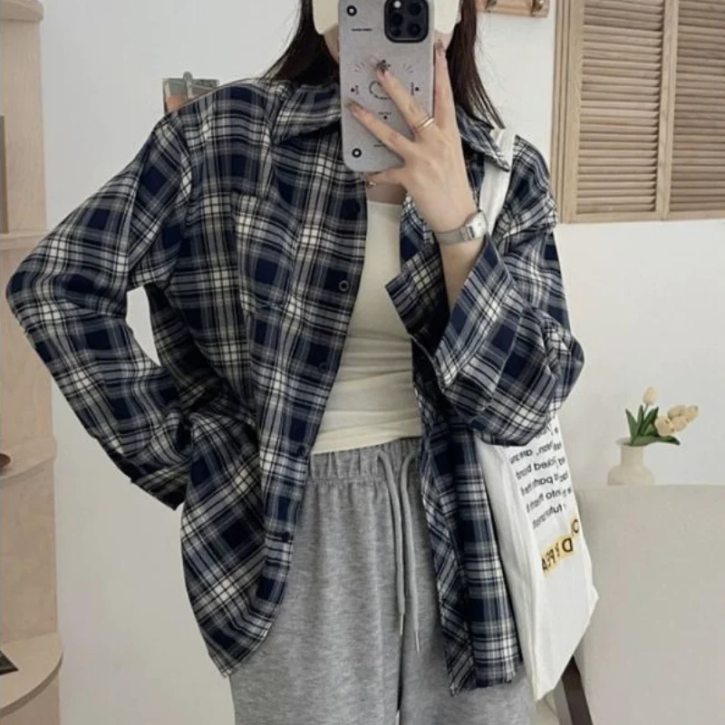 

Fashion Plaid Shirt Women's Long Sleeve Cardigan Top Cotton Blend for Women Spring Summer Casual Loose Fit Vintage Blouse