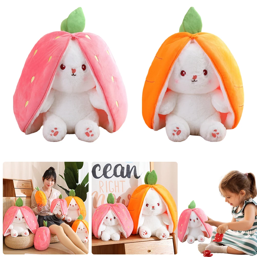 18/25/35 Cm Stuffed Soft Bunny Hiding in Strawberry Bag Toy Bunny Stuffed Plush Toy Soft Lovely Gift Easter Gift for Kids Adults