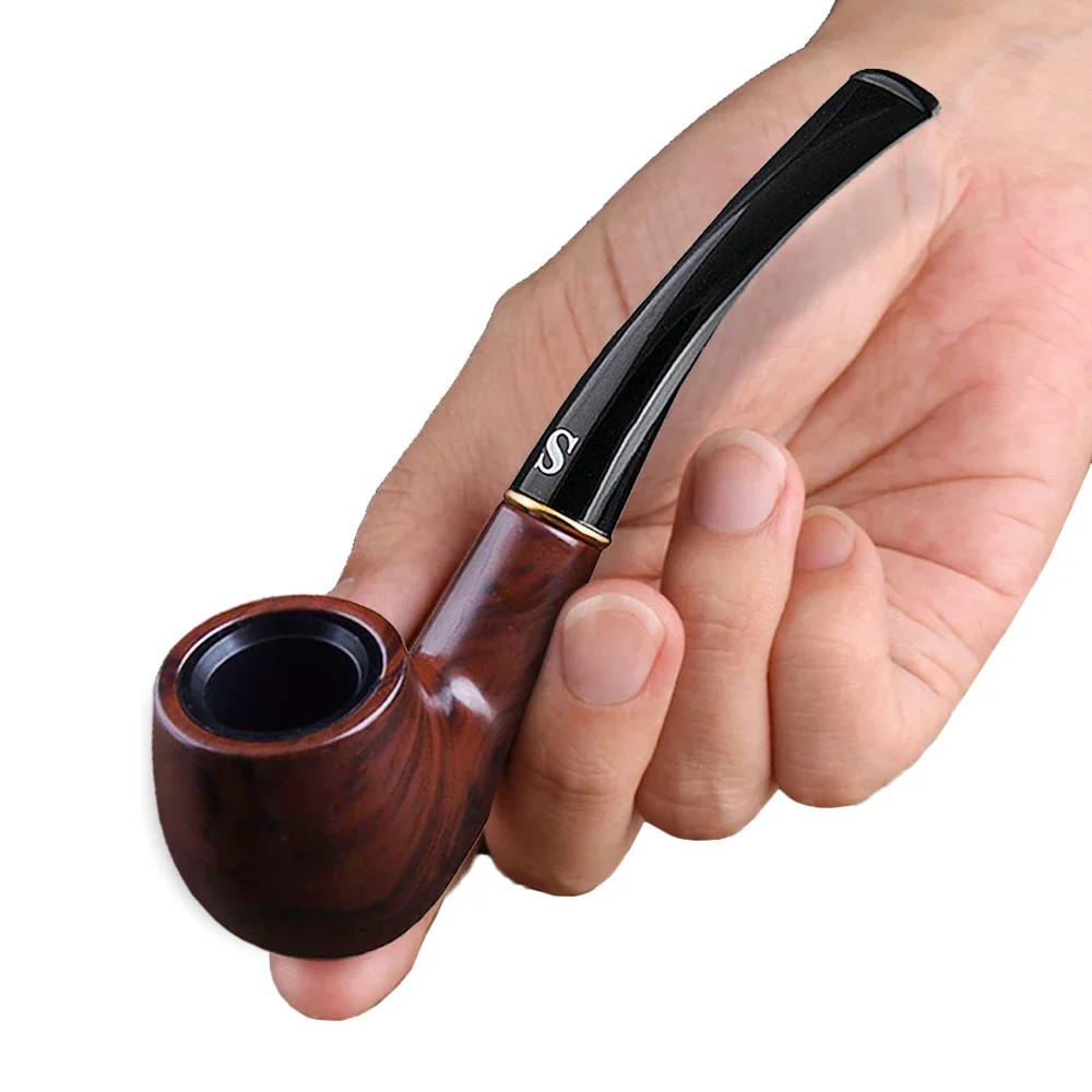 Potable Retro Wooden Tobacco Pipe Resin Bent Pipe Smoking Filter Herb Grinder Handheld Smoke Pipe Men Gadget Cigarette Accessory