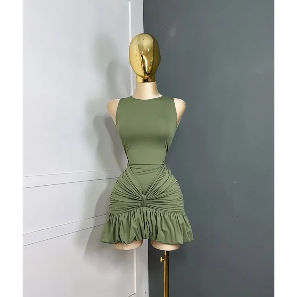 

O Neck Sleeveless Mini Skirt Ruffles Women Prom Gown Simple Cocktail Dress Boutique Dinner Party Clothing