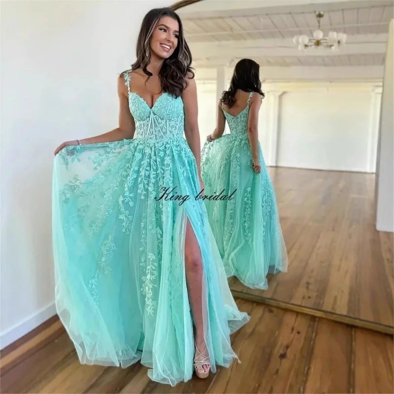 

Spaghetti Strap Evening Sexy Backless Party Prom Dress Candy Color High Waist Ball Gown Lace Vestido Festa Sukienki Customized
